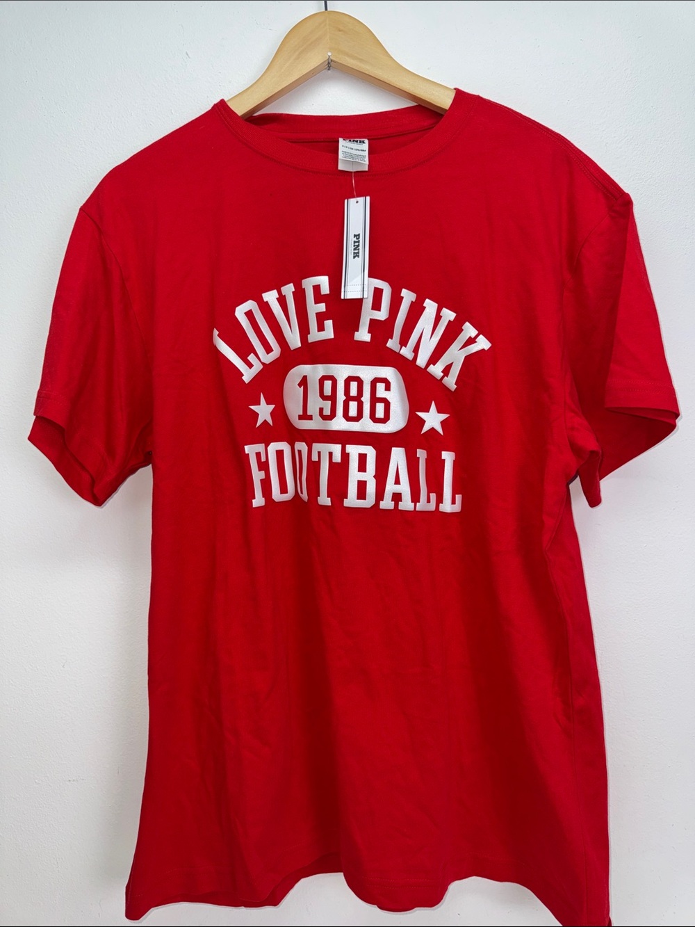 PINK Victoria's Secret Red 'Love Pink 1986 Football' Graphic Tee Sz small NWT